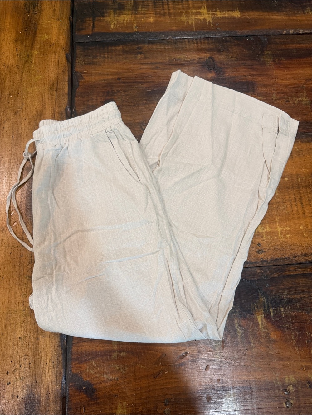 Zenana Outfitters Cream Drawstring Linen-Style Trousers